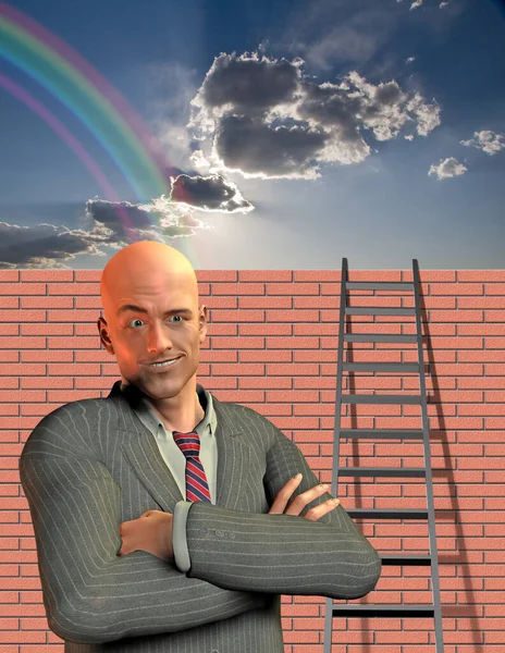 Man Stands Wall Ladder — Stock Photo, Image