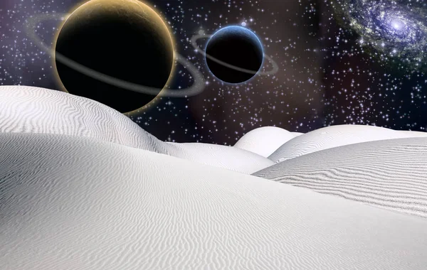 Desierto Surrealista Grandes Planetas Cielo Estrellado —  Fotos de Stock