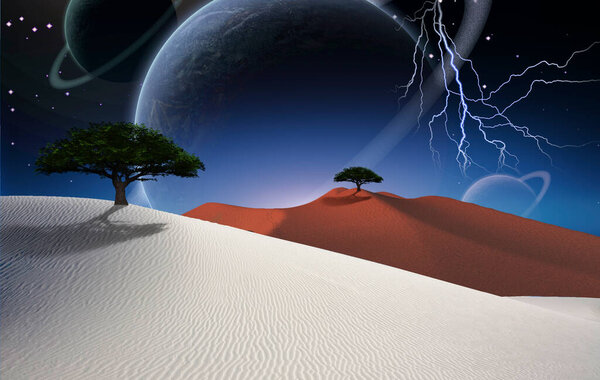 Surreal desert. Green tree on sand dune. Big planets in the starry sky.