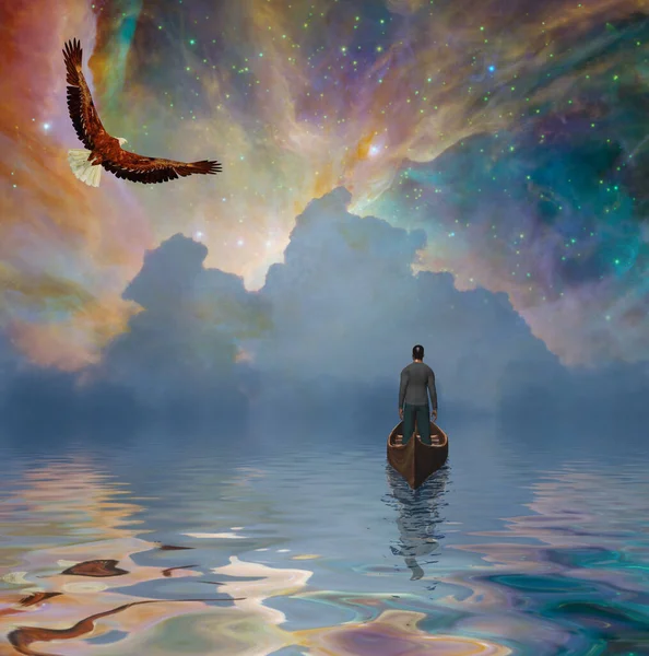 Орел Летит Над Водой Звёздным Небом Человек Плавает Лодке — стоковое фото
