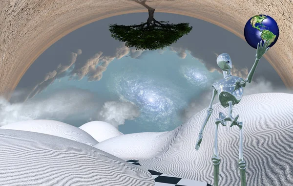 Surreale Weiße Wüste Außerirdischer Hält Erde Der Hand — Stockfoto