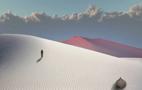 Deserto Branco Barco Figura Homem Distância Céu Nublado — Fotografia de Stock