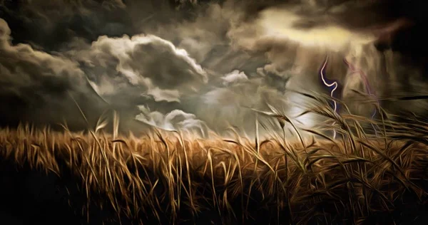Surreal Painting Stormy Clouds Field Wheat — Stock Photo, Image