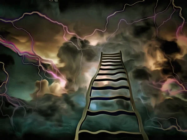 Pittura Surreale Scale Verso Cielo Nuvole Fulmini — Foto Stock