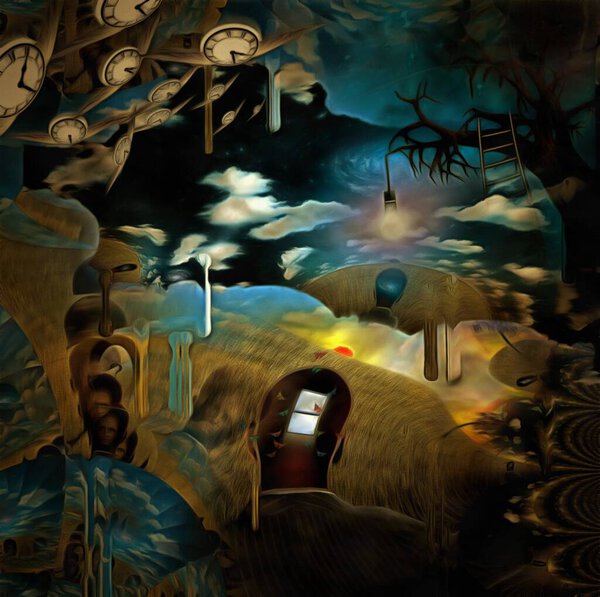 Surreal painting. Man with opened window in his head. Old tree with light bulb on a branch. Winged clocks represents flow of time. 3D rendering