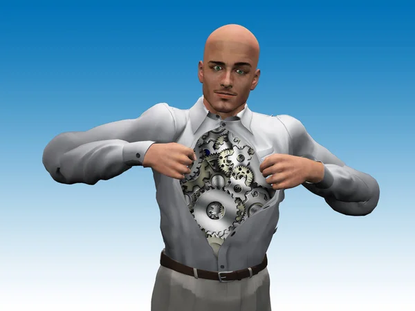 Man Opens Shirt Reveal Gears — Stock Photo, Image