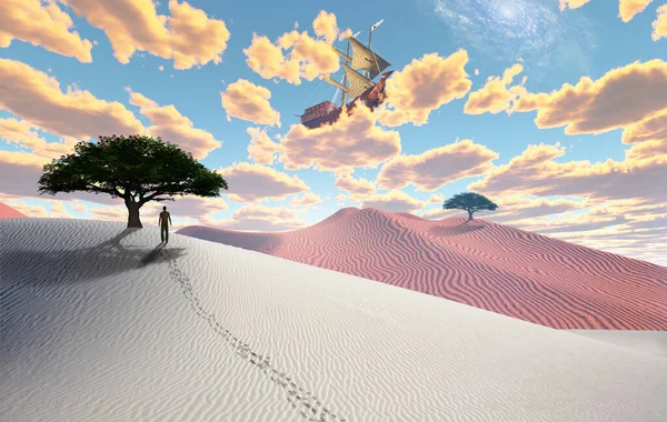 Сюрреалистичная Пустыня Зеленое Дерево Песчаной Дюне Фигура Человека Вдалеке Древний — стоковое фото