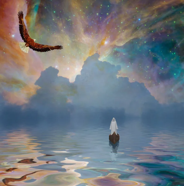 Человек Халате Плавает Лодке Орлом Летящим Звездном Небе — стоковое фото