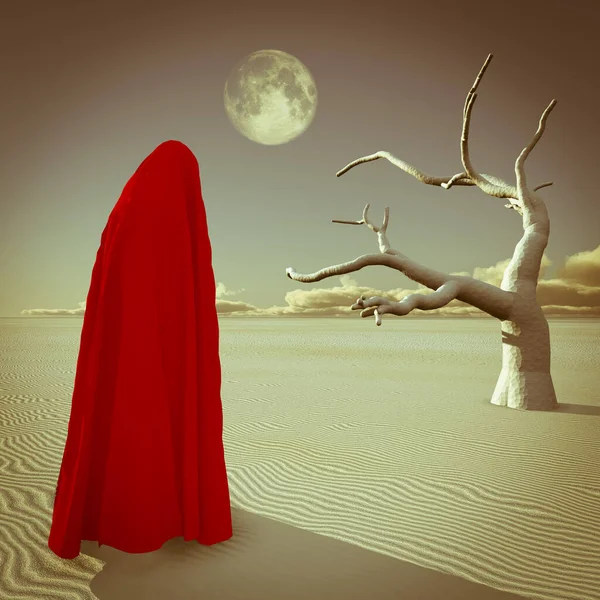 Arte Surrealista Figura Capa Roja Encuentra Desierto —  Fotos de Stock