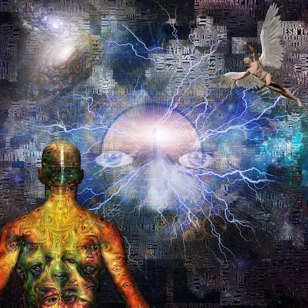 Surrealism Face Lightnings Deep Space Figure Man Road Heaven Naked — Stock Photo, Image