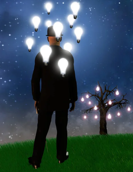 Сюрреальный Пейзаж Человеком Идейными Лампочками — стоковое фото