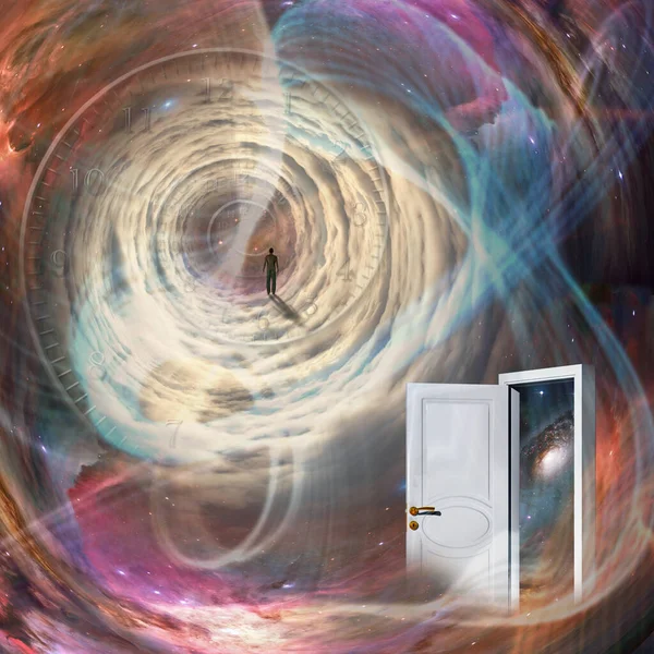Белая Дверь Человек Космическом Туннеле — стоковое фото