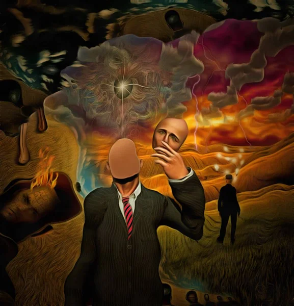 Complex Surreal Painting Faceless Man Holds Mask Hand Businessman Light — Stock Photo, Image