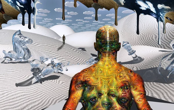 Mann Mit Seltsamen Augen Körper Steht Surrealer Wüste Mit Schachfiguren — Stockfoto