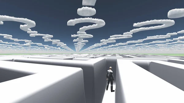Homem Labirinto Com Ponto Interrogação Forma Nuvens — Fotografia de Stock