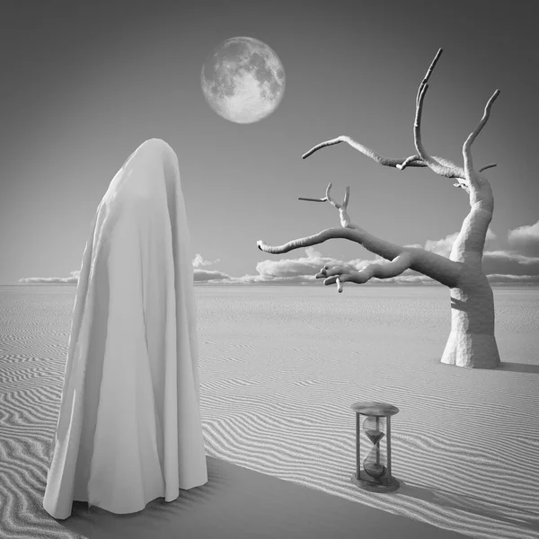 Σουρεαλιστική Τέχνη Φιγούρα Λευκό Μανδύα Στέκεται Στην Έρημο — Φωτογραφία Αρχείου