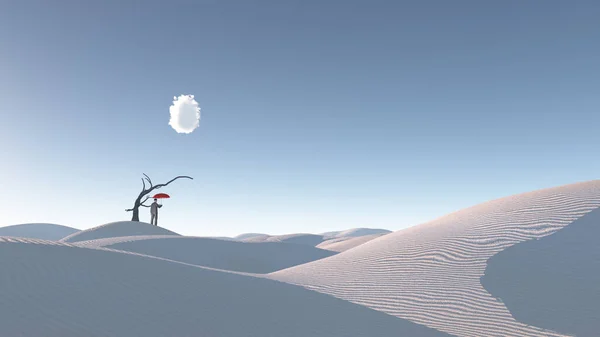 Człowiek Pustyni Gołym Drzewem Księżycem Surreal Haunting Desert Concept — Zdjęcie stockowe