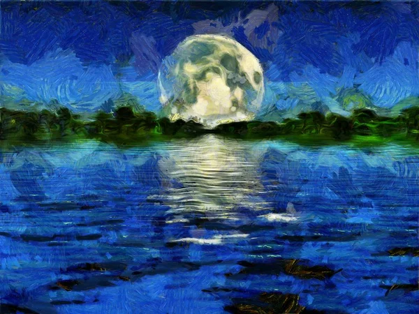 Surreal painting. Terraformed moon over water.