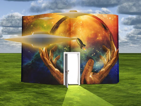 Surrealism Book Opened Door Flying Saucers — Stock Photo, Image