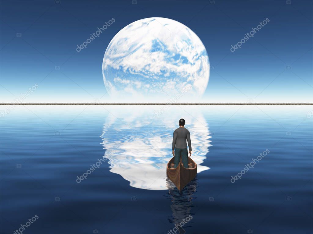 Man in a boat floats toward green horizon. Planet rise over horizon.