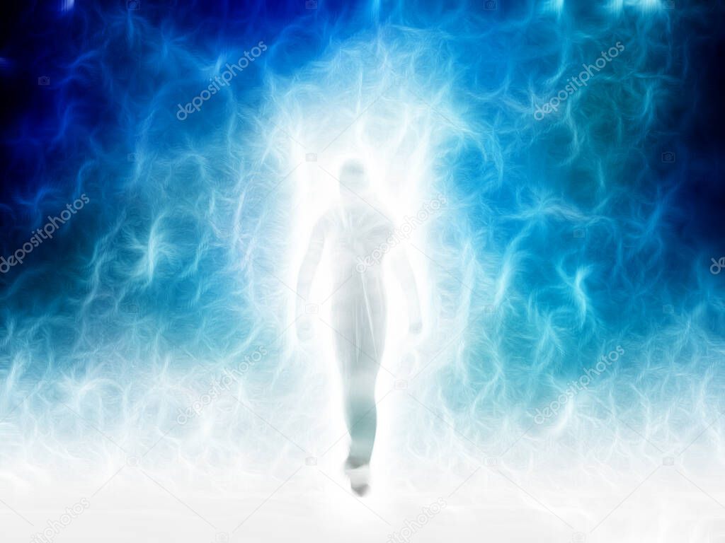Figure emerges from light. 3D rendering