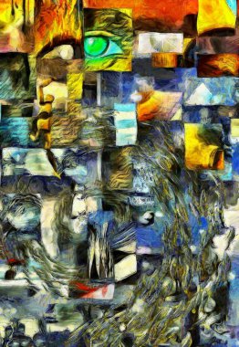 Karmaşık sürreal resim. Kare parçalar, balık girdabı.