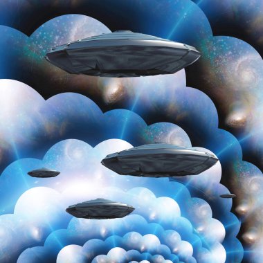 Çok katmanlı alanlarda uçan daireler. 3B görüntüleme