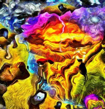 Karmaşık gerçeküstü resim. İşadamı alanında düşünüyor. Adam kırmızı şemsiye ile gökyüzünde asılı. Tanrı'nın göz, başka bir boyut aşağı akar. Erkekler kafaları farklı düşüncelerle.