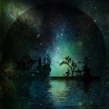 Asya peyzaj siluetleri. 3B görüntüleme