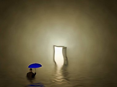 Gerçeküstü resim. Mavi şemsiyeli adam suda duruyor. Ufukta açılan kapı.
