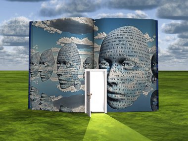Sürrealizm. Açık kapılı ve yüzen maskeli bir kitap..