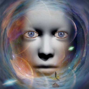 Evrenin arka planında insan ve tekne olan insan yüzü