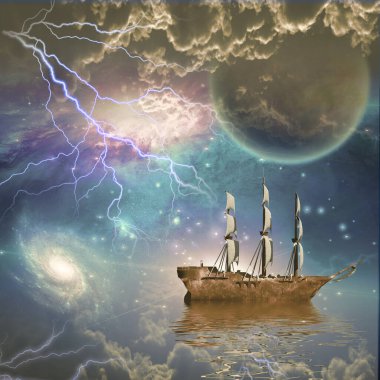 Harika bir manzarayla yelkenli gemi.