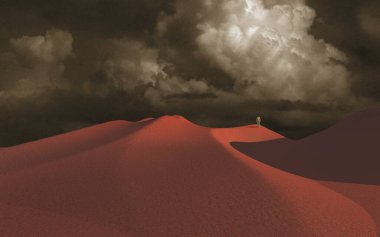 Çölde yalnız bir adam. 3B görüntüleme