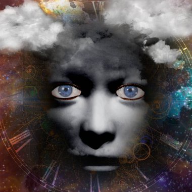 Evrenin arka planına sahip korkutucu insan yüzü