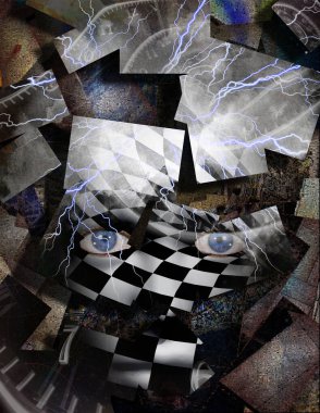 Karmaşık sürreal resim. Satranç desenli, kare elementli bir kadın yüzü. Kanatlı saatler zamanın akışını temsil eder..