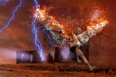 Gerçeküstü dijital sanat. Yıldırım korkunç harabeleri vuruyor. Yanan kanatlı çıplak adam düşen meleği simgeler..