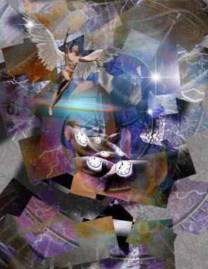 Karmaşık sürreal resim. Yüzü yerine başka bir dünyaya açılan bir adam, kare elementler. Zamanın müritleri. Kanatlı saatler zamanın akışını sembolize eder. Kanatlı çıplak adam meleği temsil ediyor..