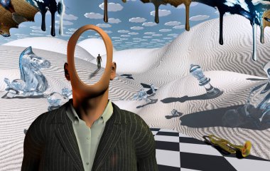 Satranç figürleri ve trompeti olan gerçek üstü bir çöl. Takım elbiseli meçhul adam. Uzakta duran bir insan figürü. Gökyüzünden başka bir boyut akıyor.