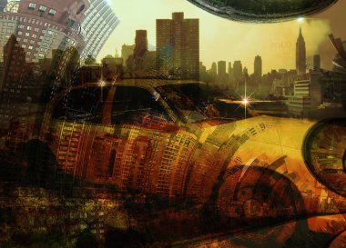 Özgürlük Heykeli ve Cab 'le NYC. 3B görüntüleme