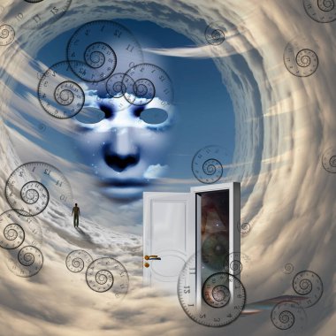 Beyaz kapı, Tanrı 'nın yüzü, bulutların üzerinde yürüyen adam.