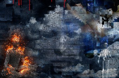 Soyut bulutlar. Kelimeler. Lotus pozunda yanan adam. Derisindeki labirent deseni. İskelet ölümü temsil eder..