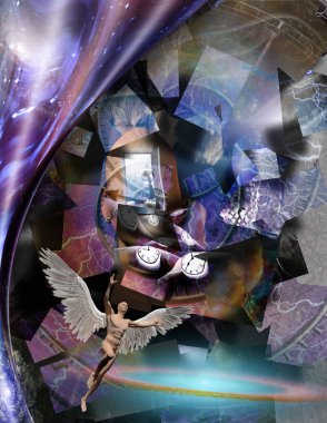Karmaşık sürreal resim. Yüzü yerine başka bir dünyaya açılan bir adam, kare elementler. Zamanın müritleri. Kanatlı saatler zamanın akışını sembolize eder. Kanatlı çıplak adam meleği temsil ediyor..