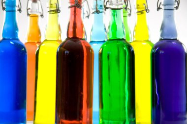 colorful glass bottles, drinks beverages 