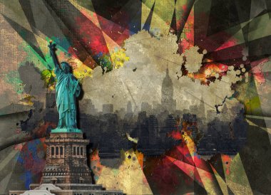 Özgürlük heykeli ve Manhattan manzarası. 3B görüntüleme