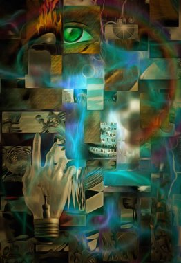 Karmaşık sürreal resim. Geometrik elementler, kadın eli şeklinde ampul. Tanrı 'nın gözü ve gökkuşağı.