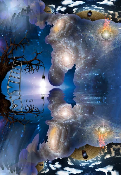有灯泡和梯子在树枝上的老树 上帝的眼睛在天空中 3D渲染 — 图库照片
