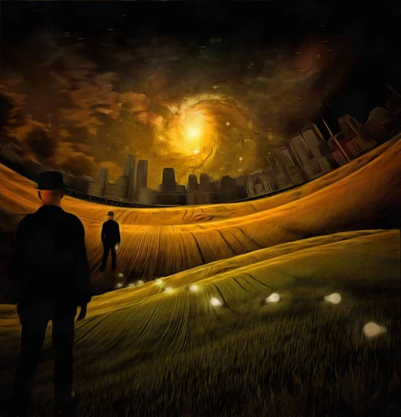 本物の絵画だ 男は緑の畑で電球を失っている 電球はアイデアを象徴します 空のカラフルな銀河 3Dレンダリング — ストック写真