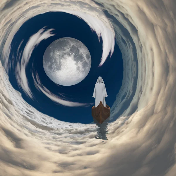 Фигура Белом Халате Плывущем Полнолунию Облаках Рендеринг — стоковое фото