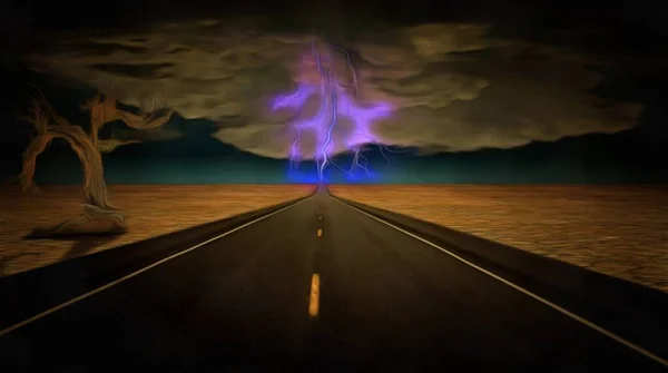 本物の絵画だ 乾燥した土地の高速道路 道路の側に乾燥した木 水平線の嵐と雷 — ストック写真